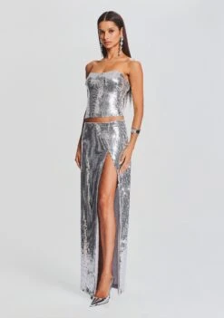 Savannah Sequin Maxi Skirt -Retrofete Clothing Shop Ecommerce Crop 23 09 21 ORENBUSTIER SAVANNAHSKIRT SILVER 2960 ECOMM 7b76bd70 49f8 4f4f 972c 3b63219f7369