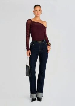 Shauna Mesh Top 9 Shauna Mesh Top -Retrofete Clothing Shop Ecommerce Crop 24 08 06 SHAUNA ASYMMETRIC MESH TOP MERLOT ASHTON HIGH RISE SLIM FLARE JEAN RINSE 1459 ECOMM