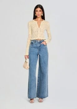 Lena Ultra Wide Leg Jean 9 Lena Ultra Wide Leg Jean -Retrofete Clothing Shop Ecommerce Crop 25 01 16 GiulianaCrochetCardigan LenaUltraWideLegJeans Ivory Gold Lakeside 0008 ECOMM