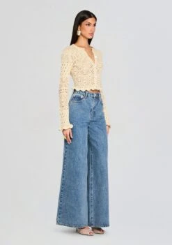Lena Ultra Wide Leg Jean 7 Lena Ultra Wide Leg Jean -Retrofete Clothing Shop Ecommerce Crop 25 01 16 GiulianaCrochetCardigan LenaUltraWideLegJeans Ivory Gold Lakeside 0041 ECOMM